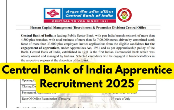 Central Bank of India Opens Applications for 4500 Apprentice Posts